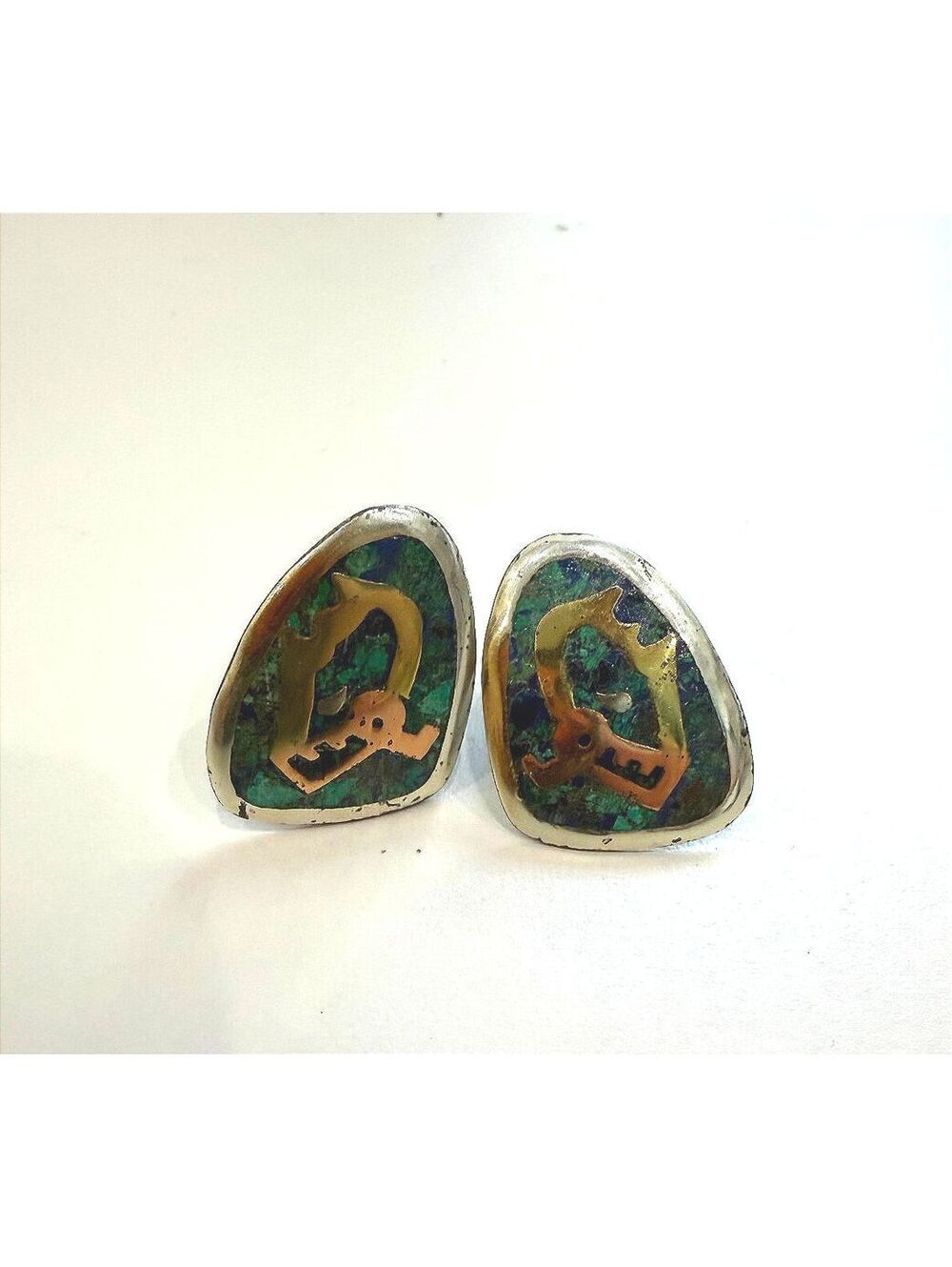 Vintage Mexican Sterling Silver and Brass Screw Back Earrings Green Stone Inlay